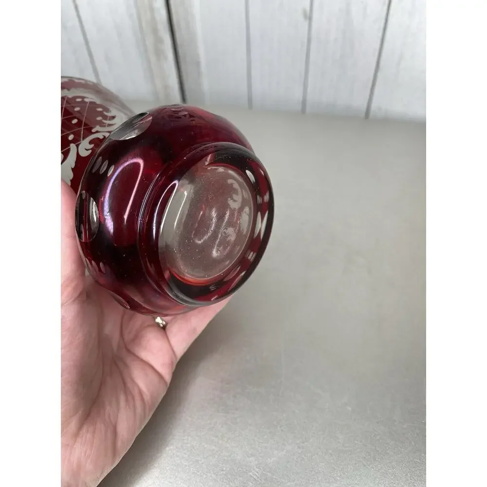Antique Bohemian glass Vase Ruby red Etched glass Deer Castle Vintage